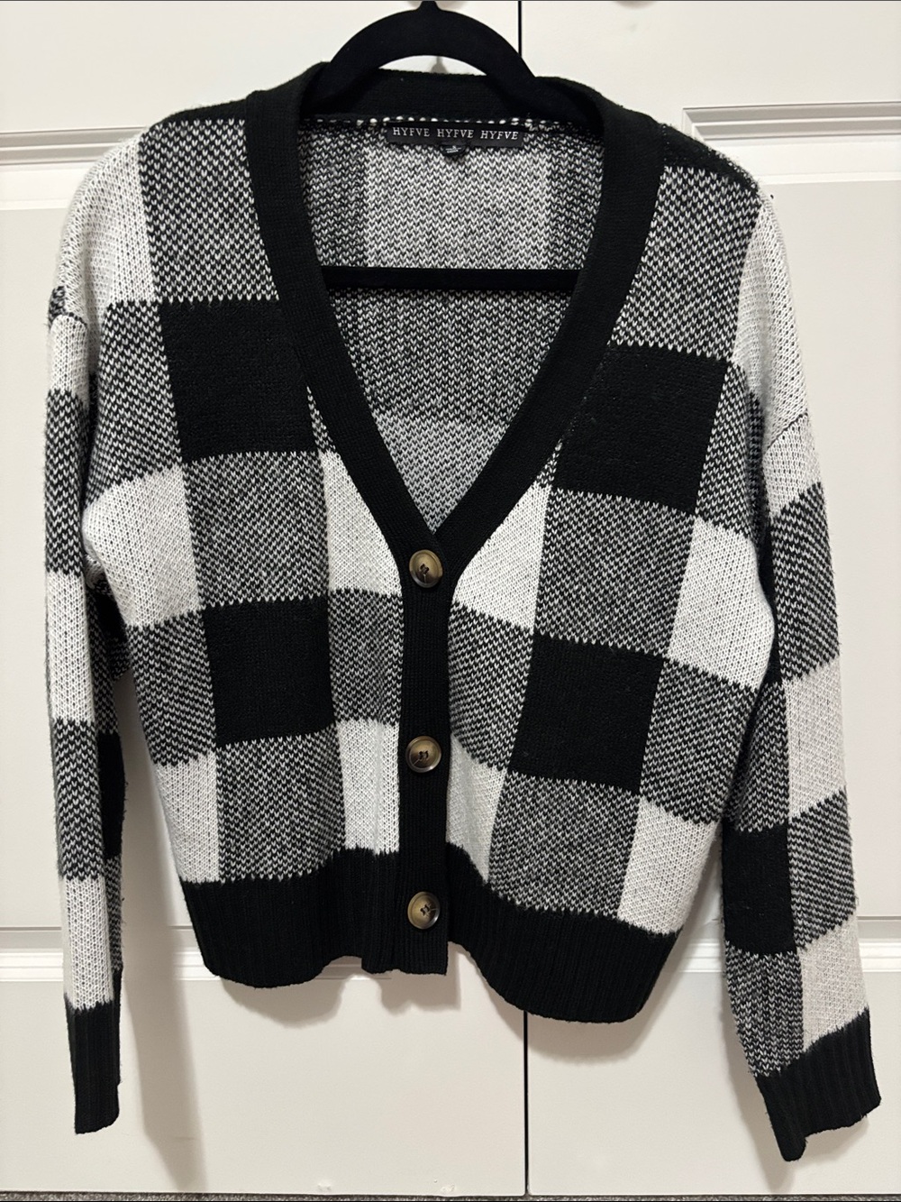HYFVE Black & White Buffalo Check V-Neck Cardigan Sweater